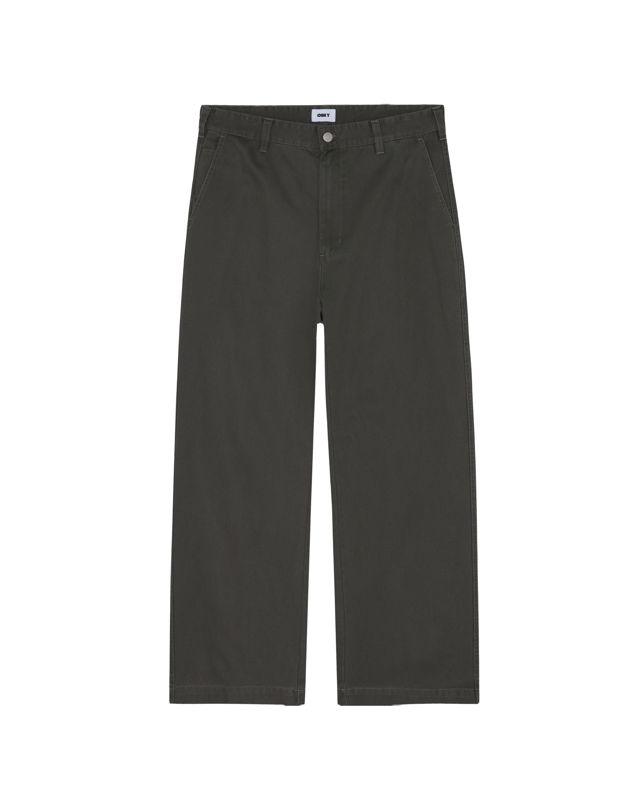 A pair of dark gray straight-leg pants shown flat against a solid white background. (zoomed)