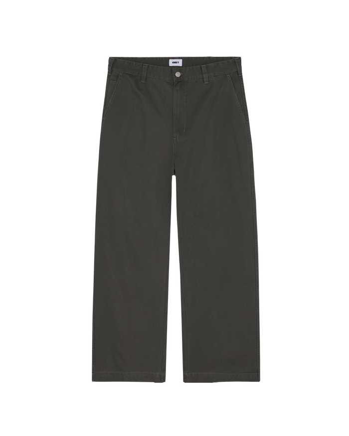 A pair of dark gray straight-leg pants shown flat against a solid white background.