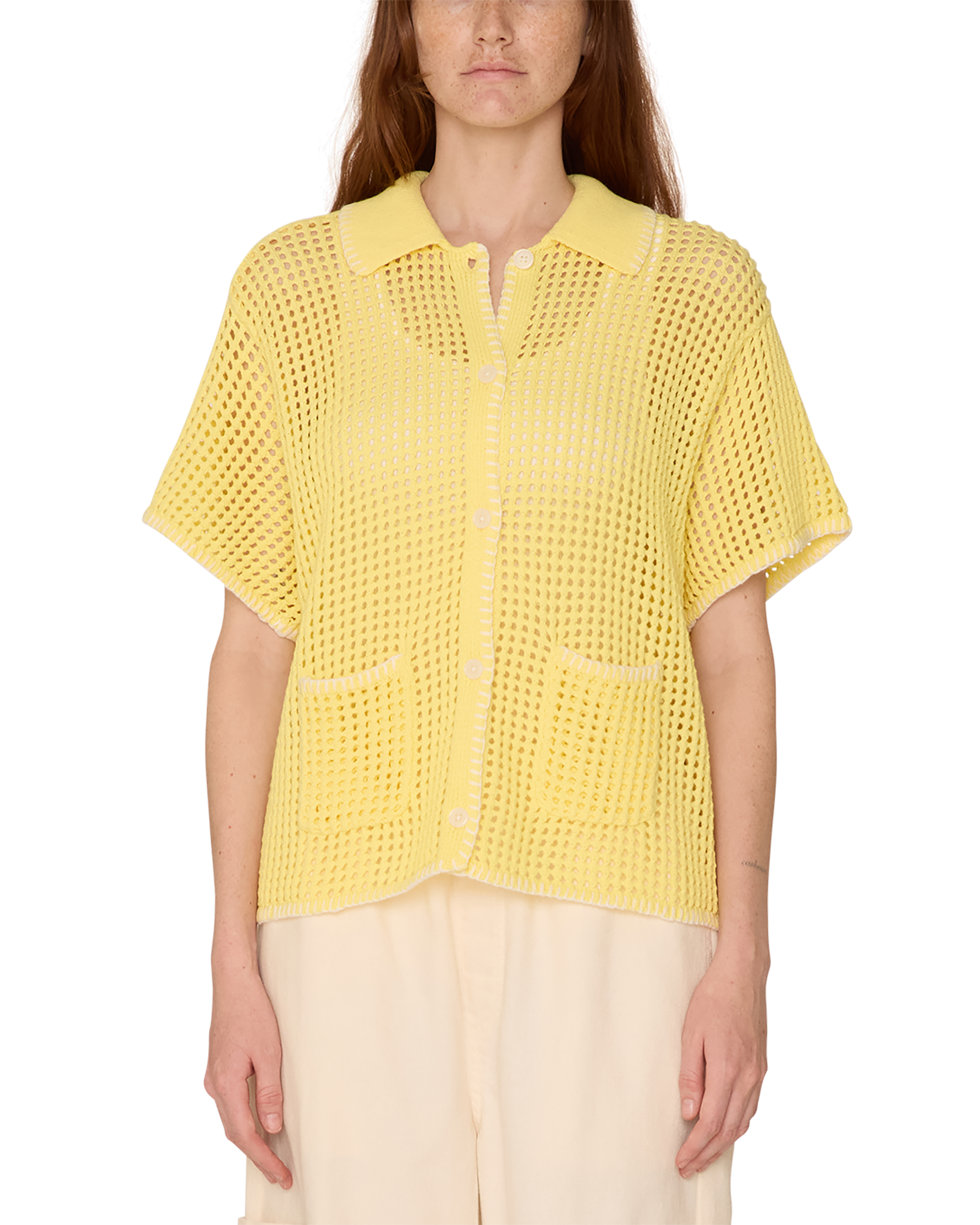 obey pilar crochet cardigan yellow pear (zoomed)