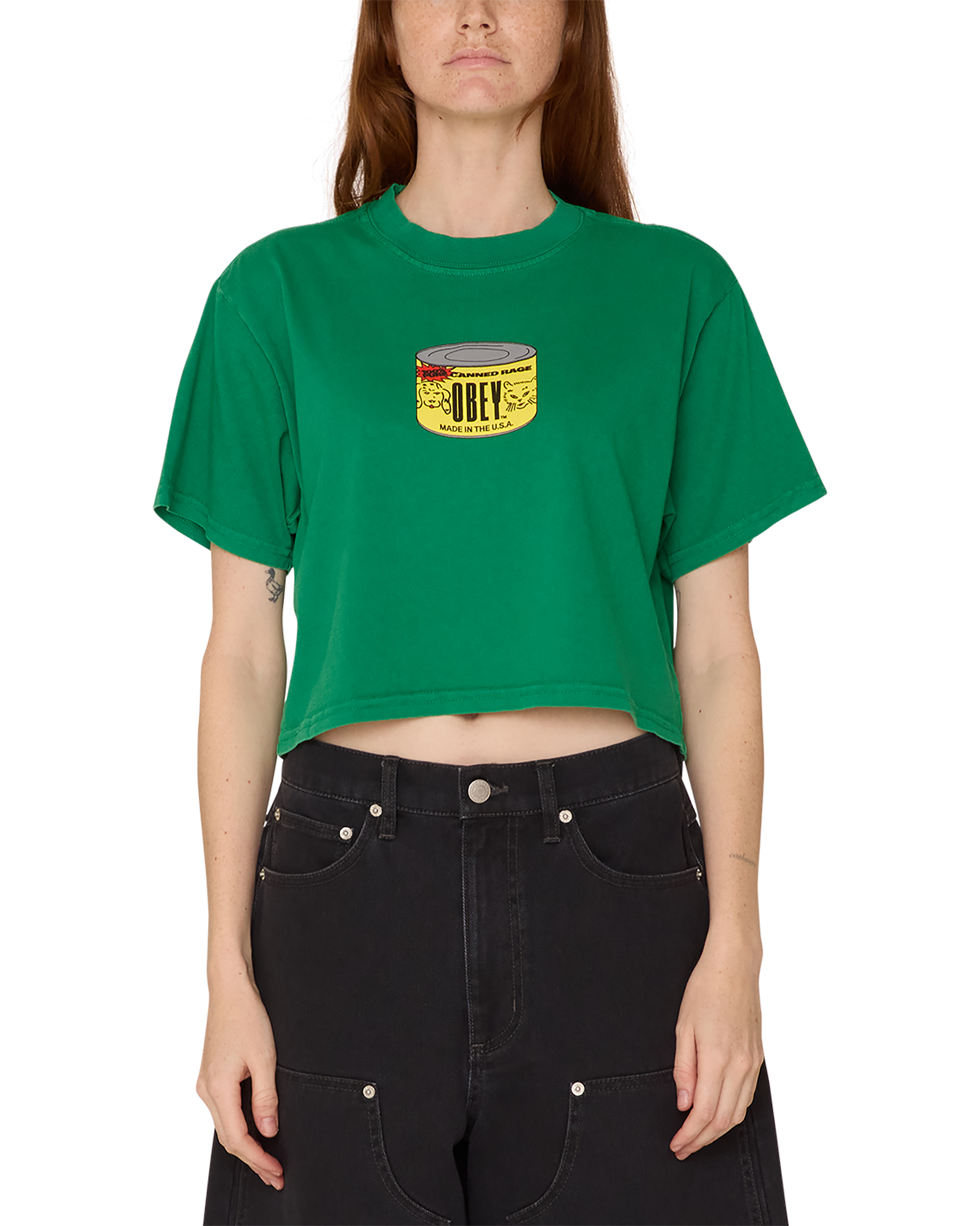 obey canned rage weekend crop t shirt green tambourine (zoomed)