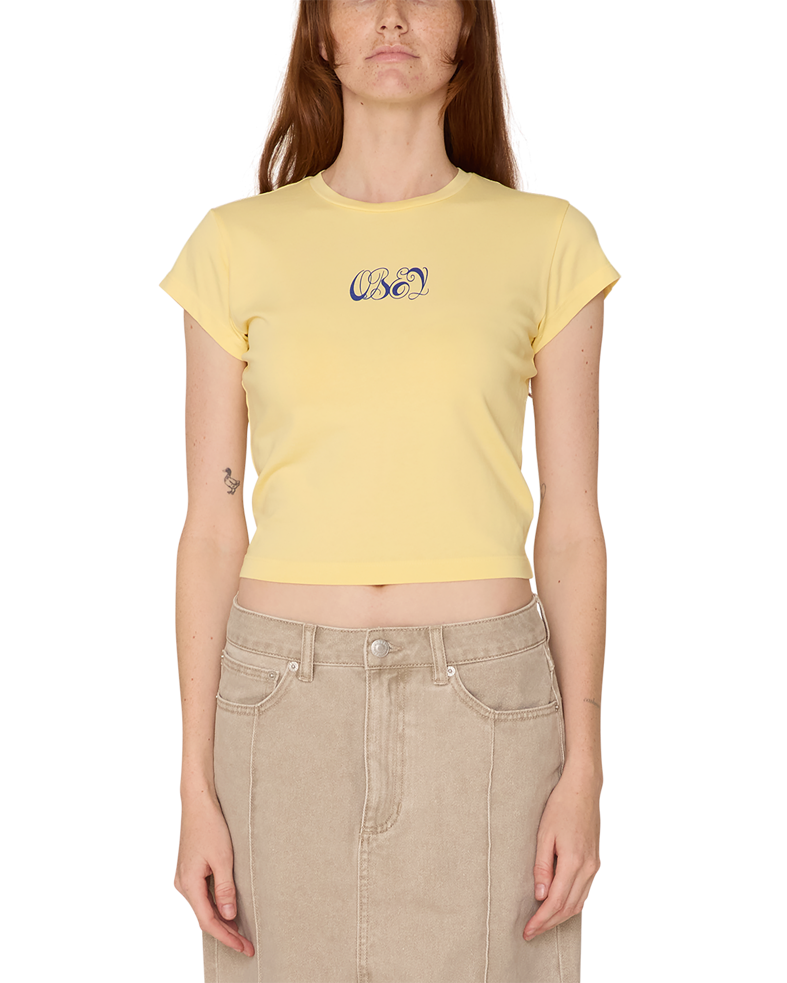 obey swirly script hayden t shirt pale banana (zoomed)