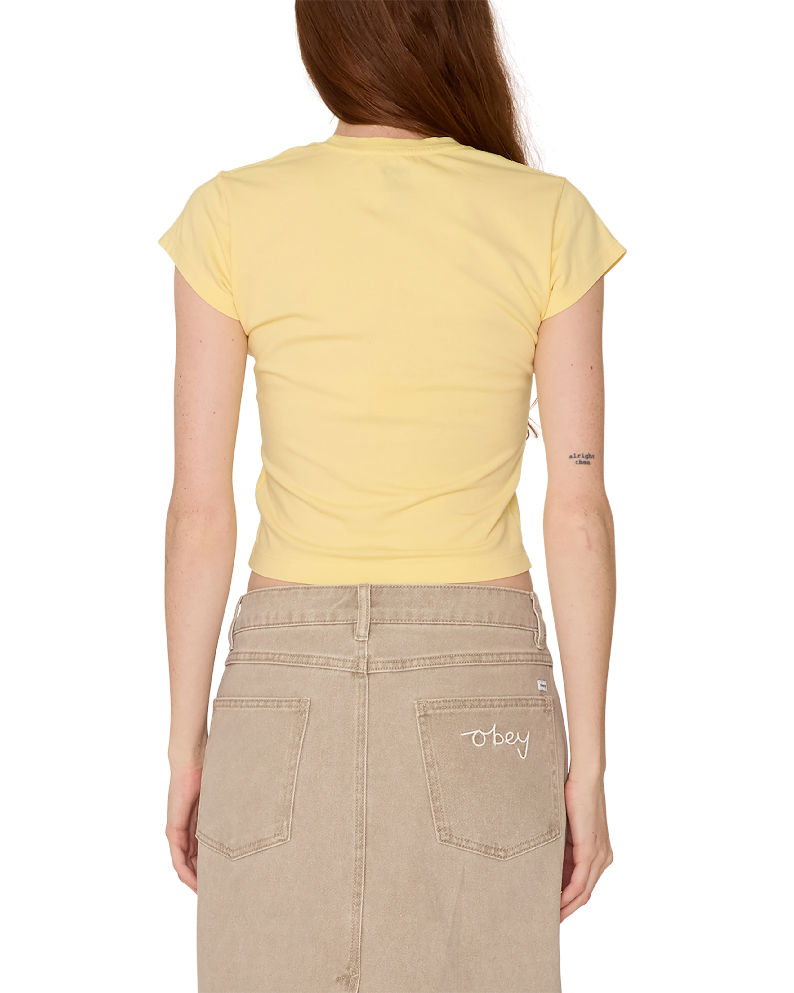 obey swirly script hayden t shirt pale banana (zoomed)