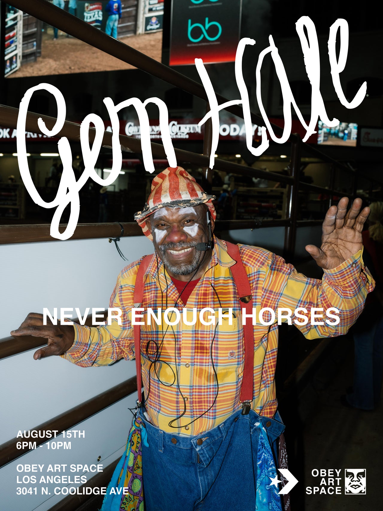 Poster promoting the launch of Gem Hale's artist collaboration with OBEY. Shows a performer in a bright yellow flannel with blue jeans, red suspenders, and white face paint. "Gem Hale" is written in white script across the flyer.