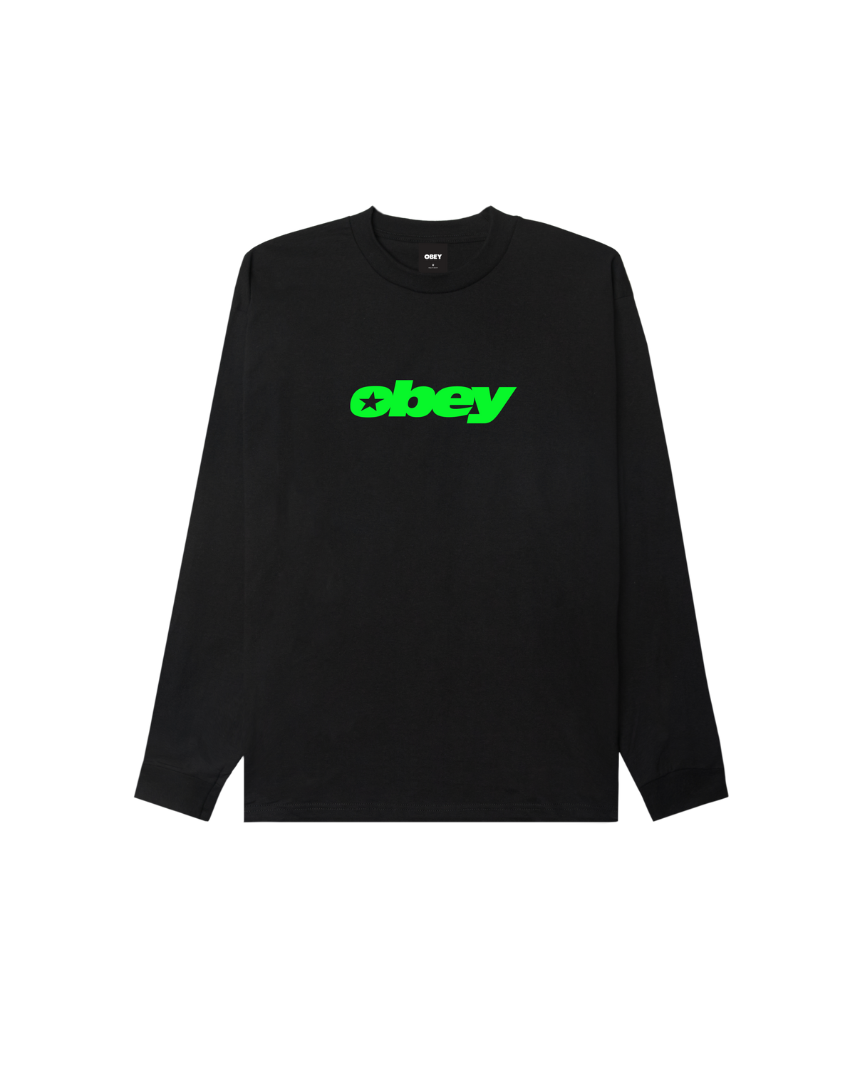 A black long-sleeve crewneck shirt with the word 'obey' printed in bright neon green across the chest, displayed flat against a solid white background.