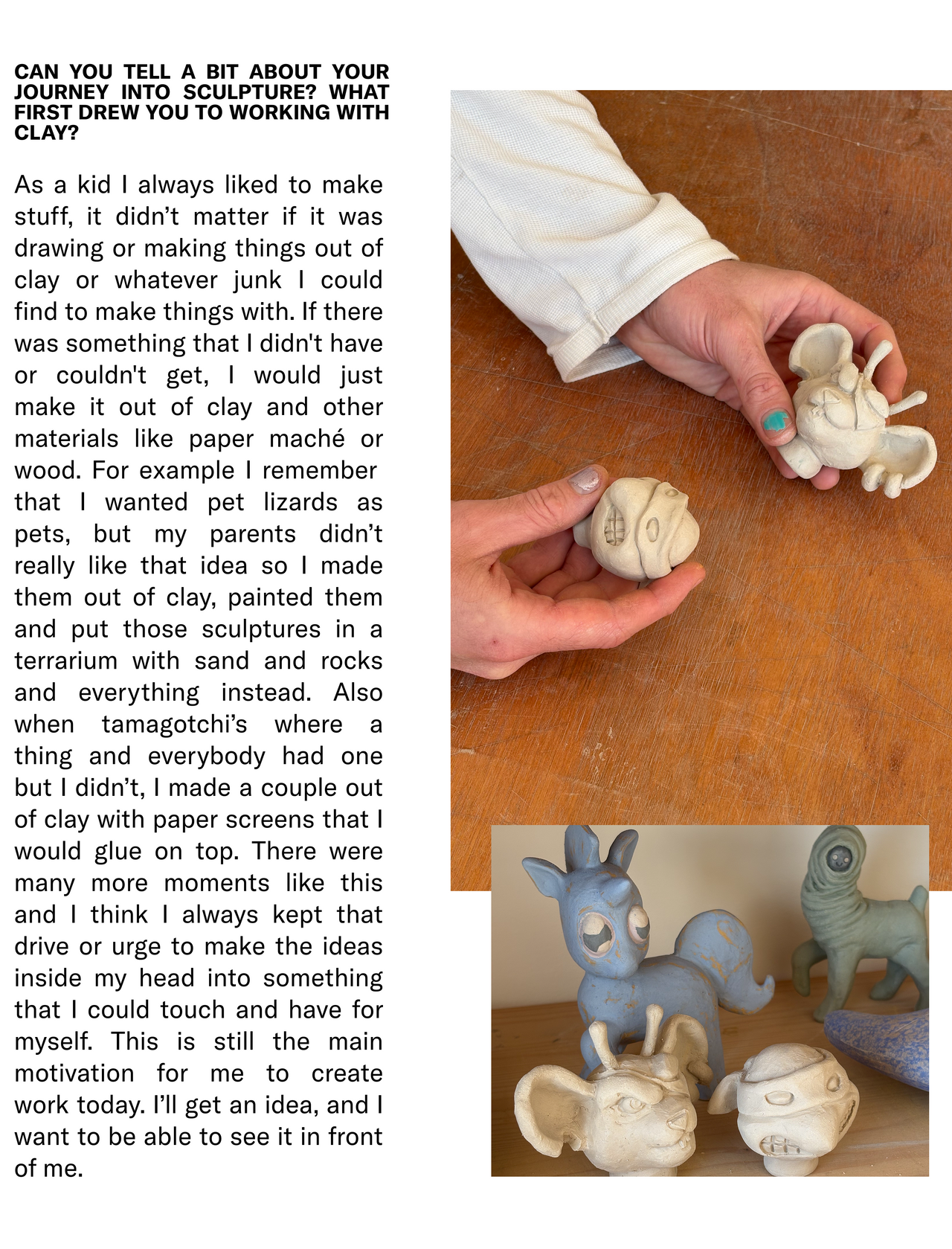 interview and image of Coodre holding two small sculptures. Image of 4 different scuptures