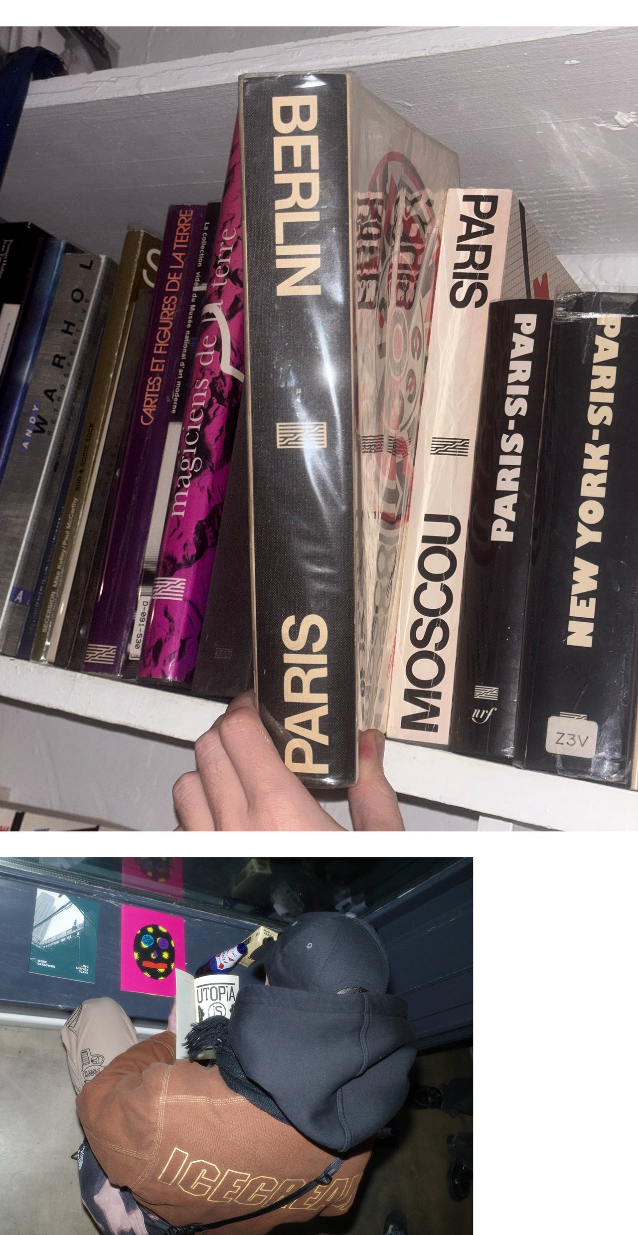 Two images; shelf with books and a person looking at a book at OBEY art space Berlin.
