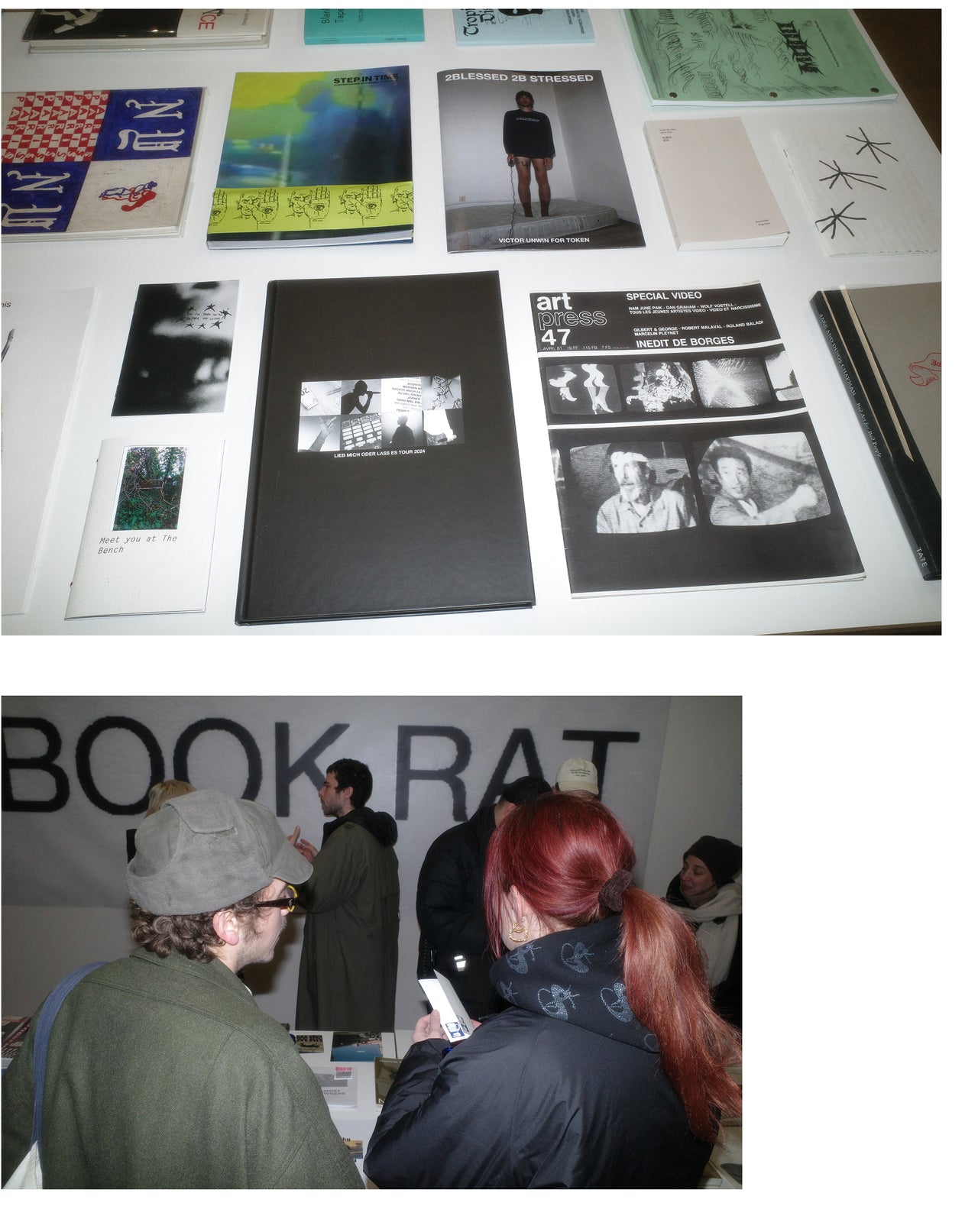 Two images: table with books and two people looking at a book at OBEY art space Berlin