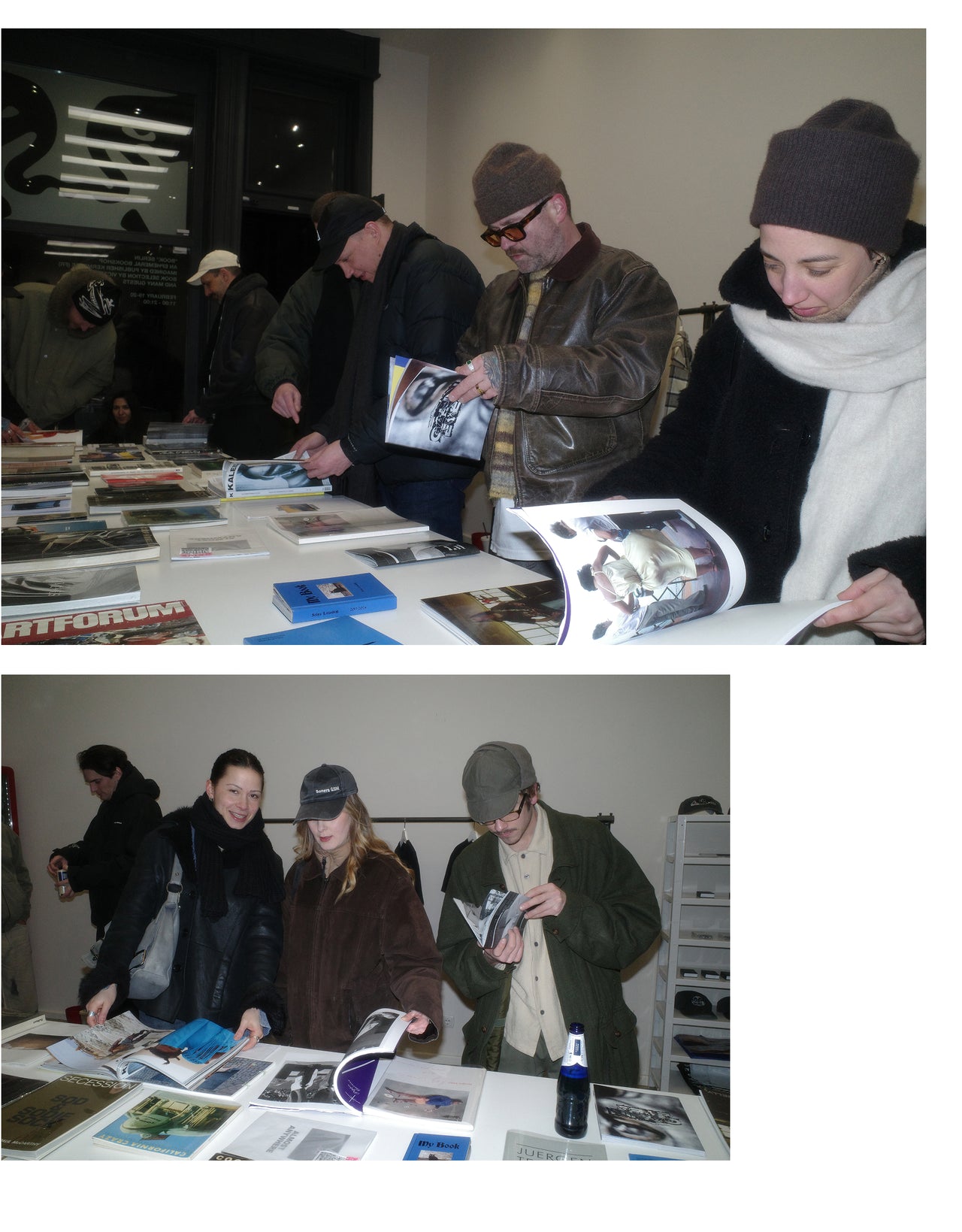 Two images of people looking at books at OBEY art space Berlin.