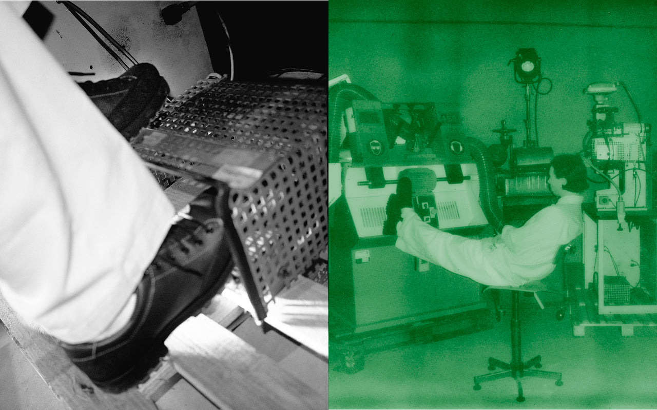 spilt screen image; left detail shot of shoe, right model sitting on chair in factory
