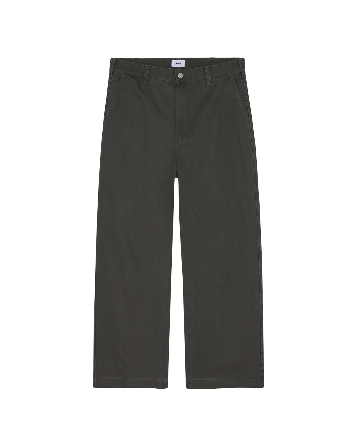 A pair of dark gray straight-leg pants shown flat against a solid white background.
