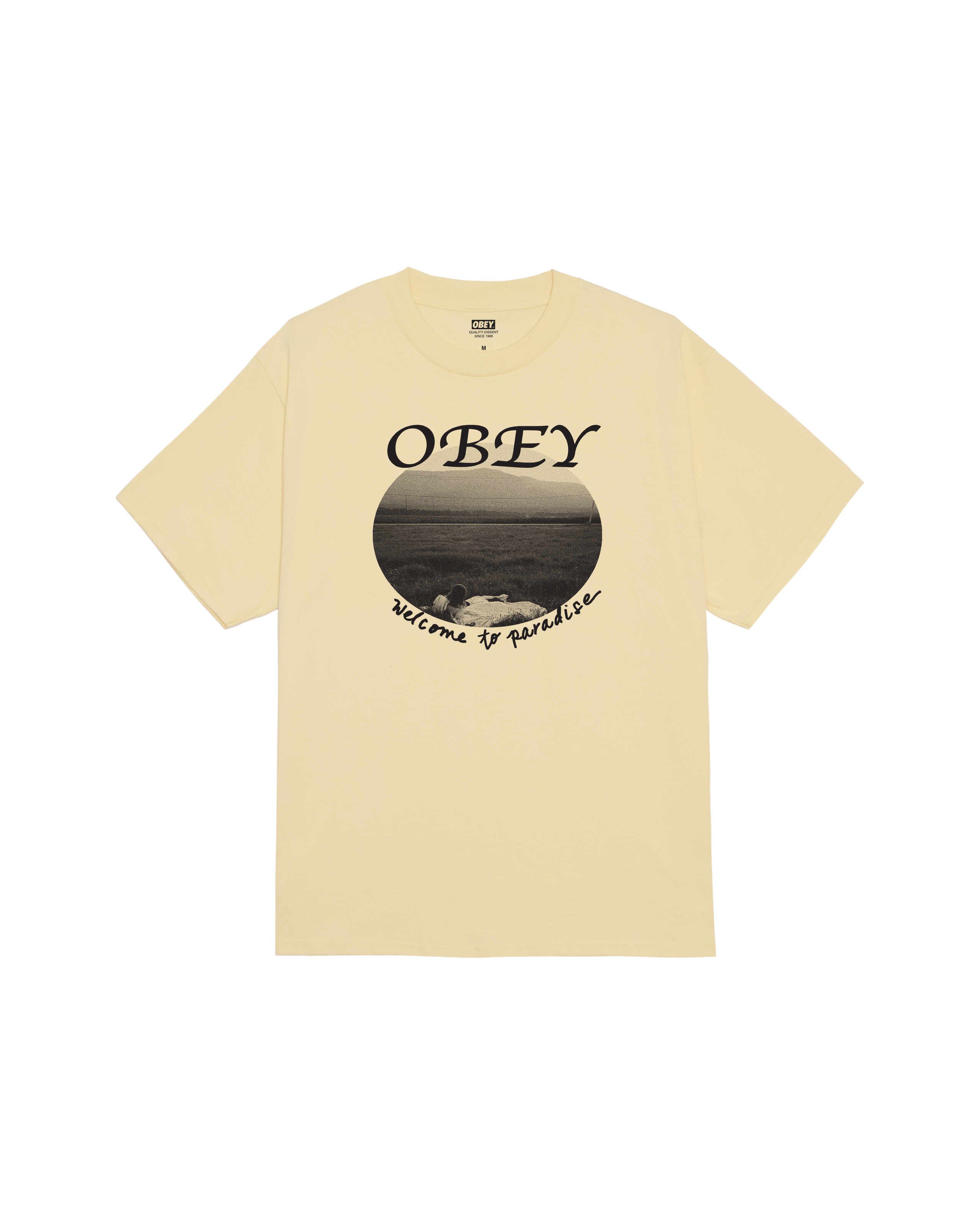 obey welcome to paradise classic t shirt pale yellow