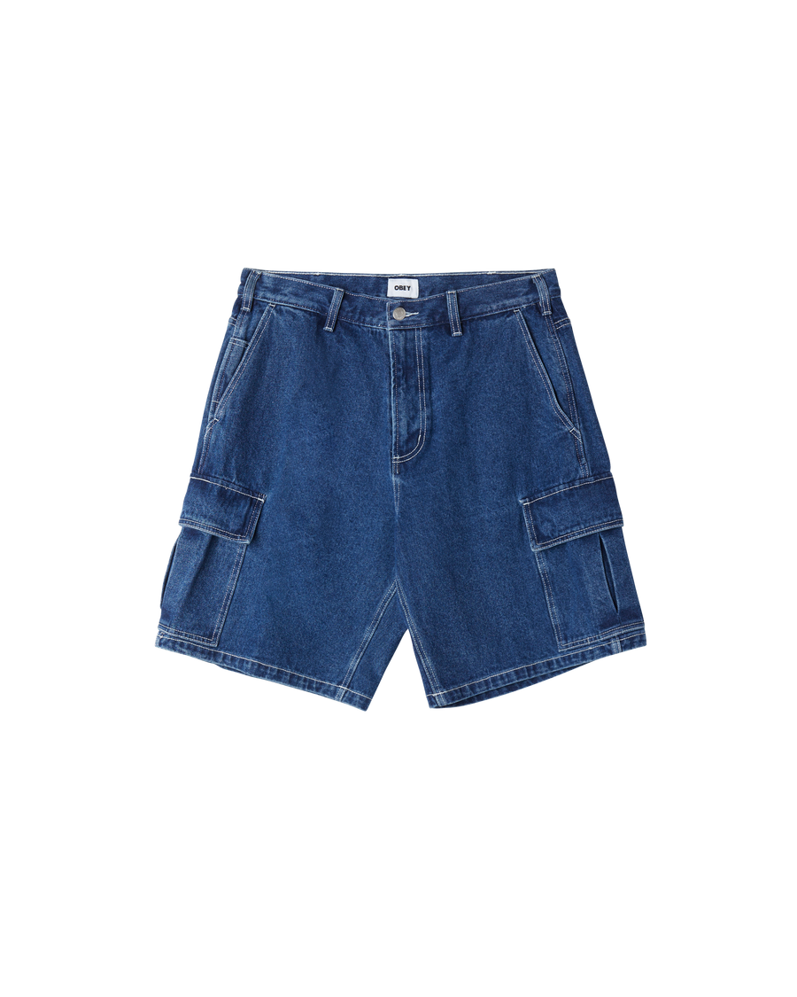 obey bigwig baggy denim cargo short stone wash indigo