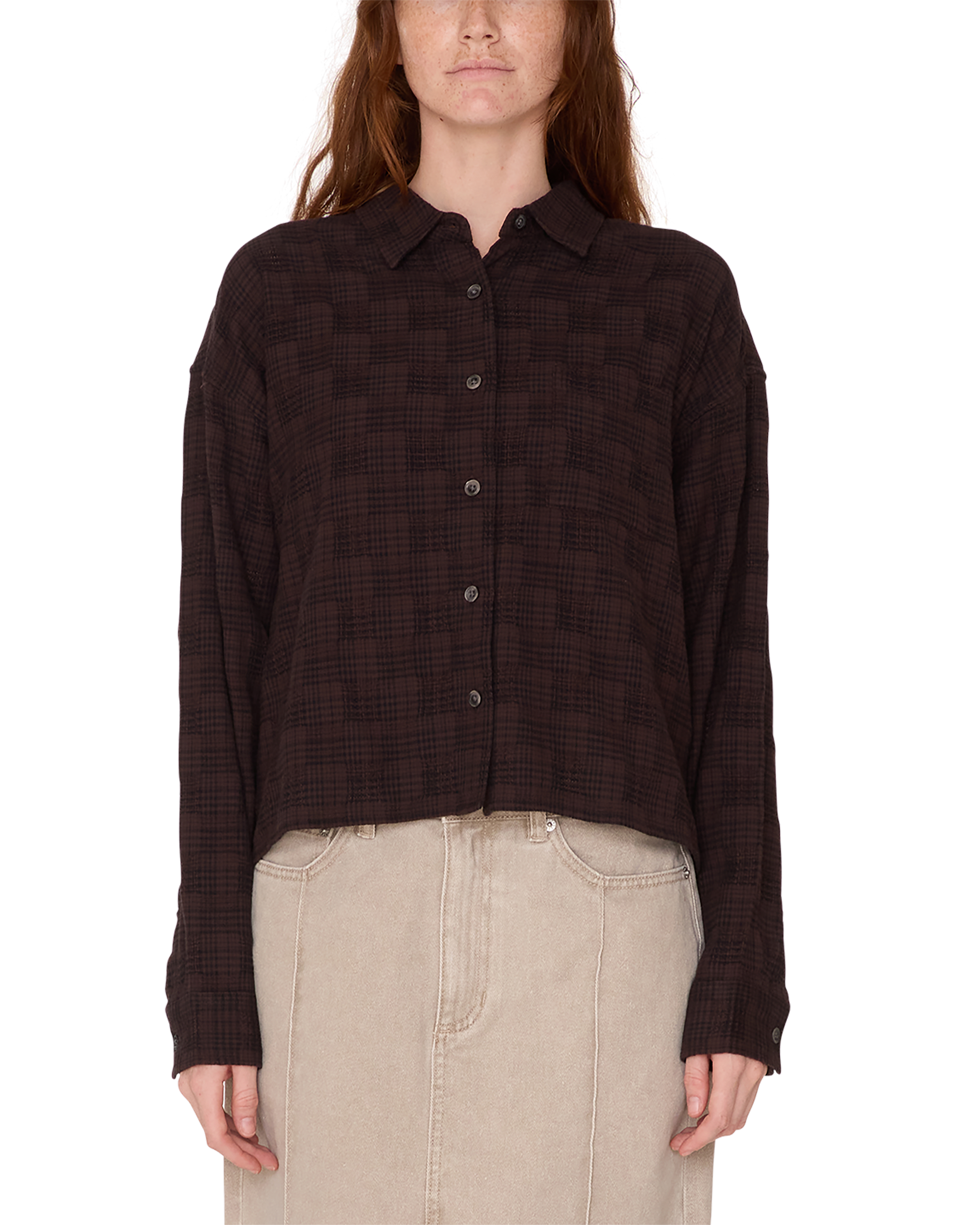 obey vivian plaid shirt java brown multi