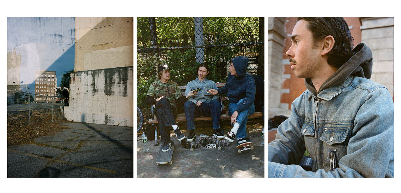 Three panel collage of a person sitting on a bench with skateboards, another person standing, and a third person sitting.