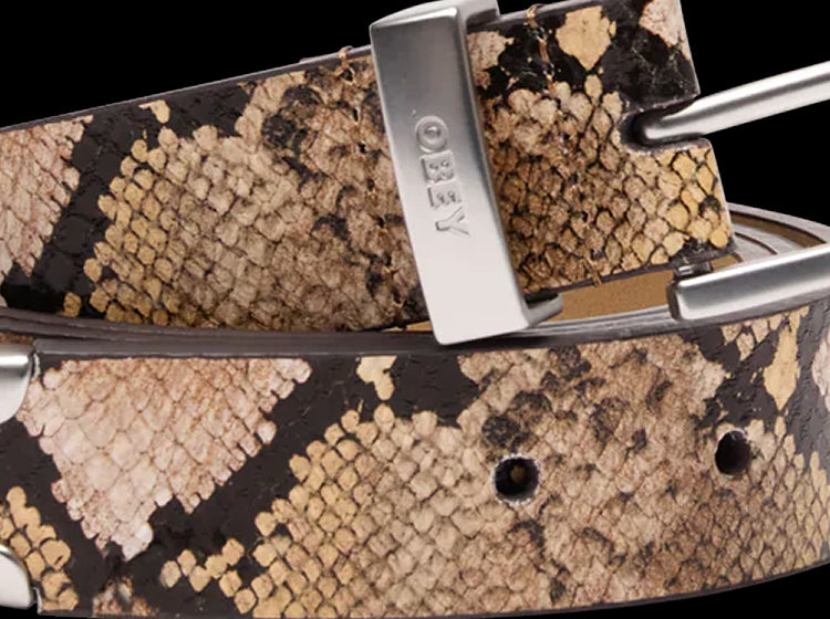 Close-up of a snake skin patterned belt with a silver buckle.
