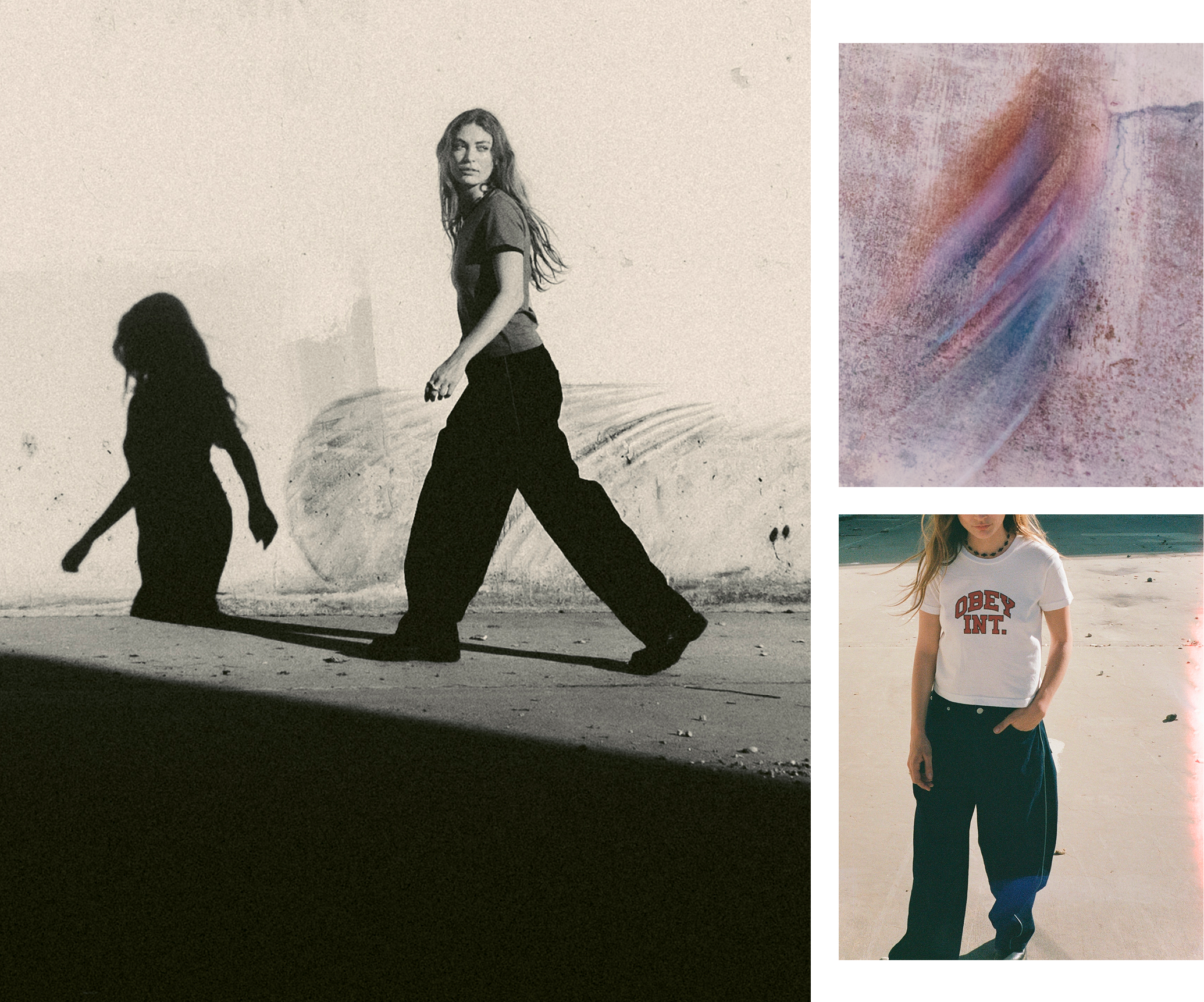 Collage of a woman walking on a beach, a close-up of textured fabric, and a person wearing a 'Dope Out' shirt.