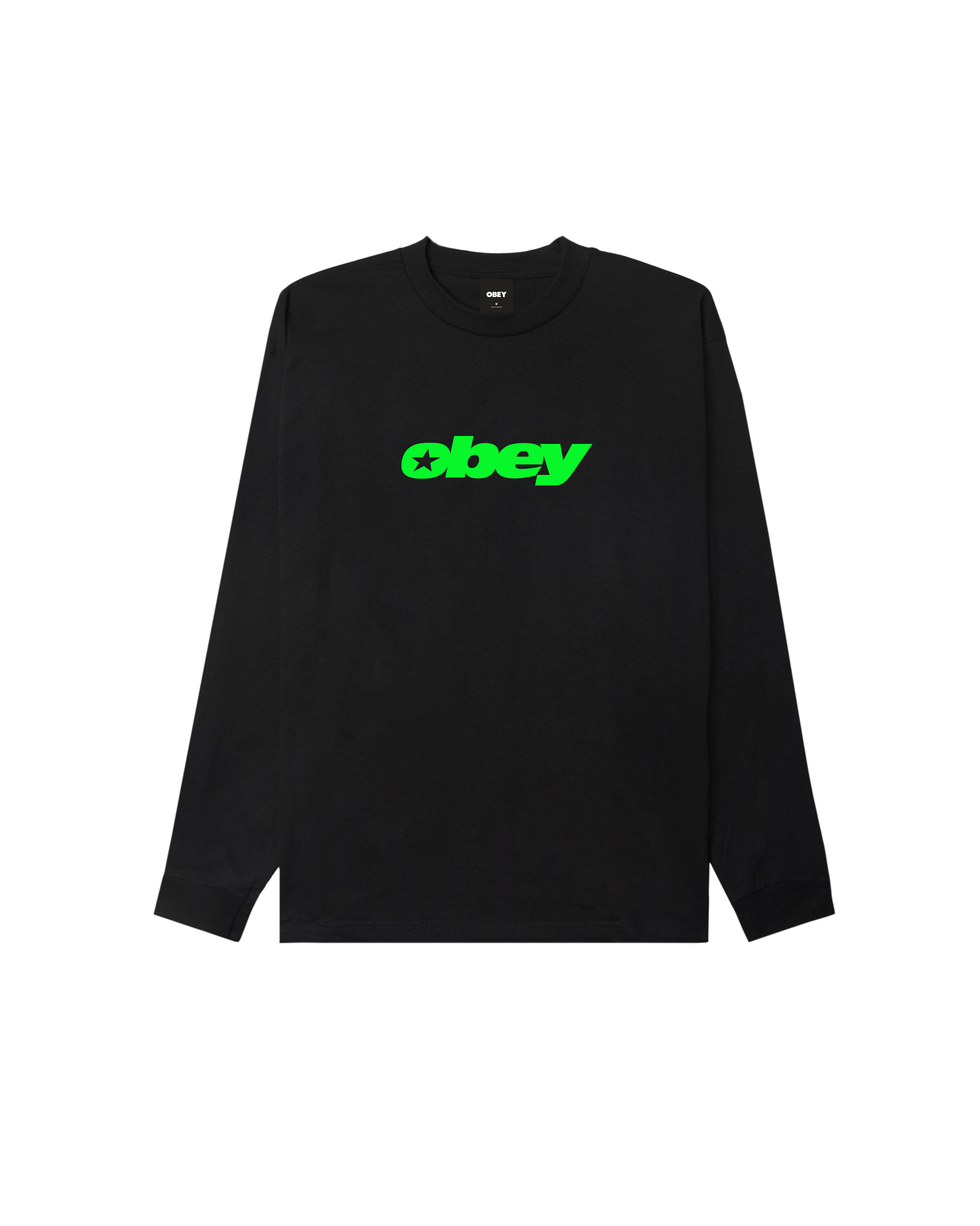 A black long-sleeve crewneck shirt with the word 'obey' printed in bright neon green across the chest, displayed flat against a solid white background. (zoomed)