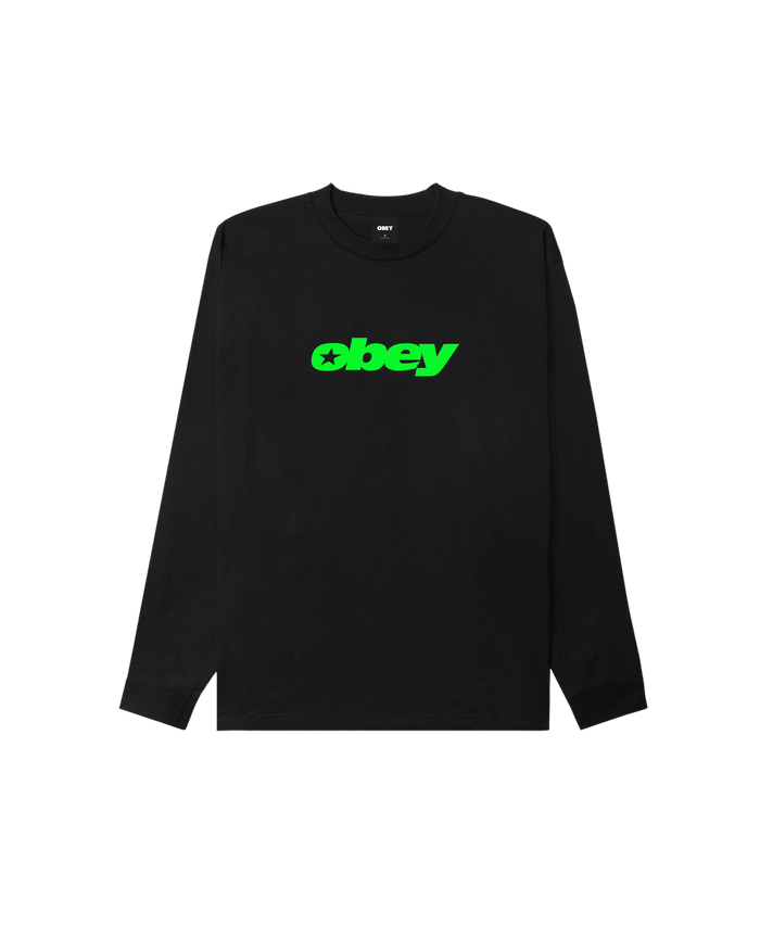 A black long-sleeve crewneck shirt with the word 'obey' printed in bright neon green across the chest, displayed flat against a solid white background.