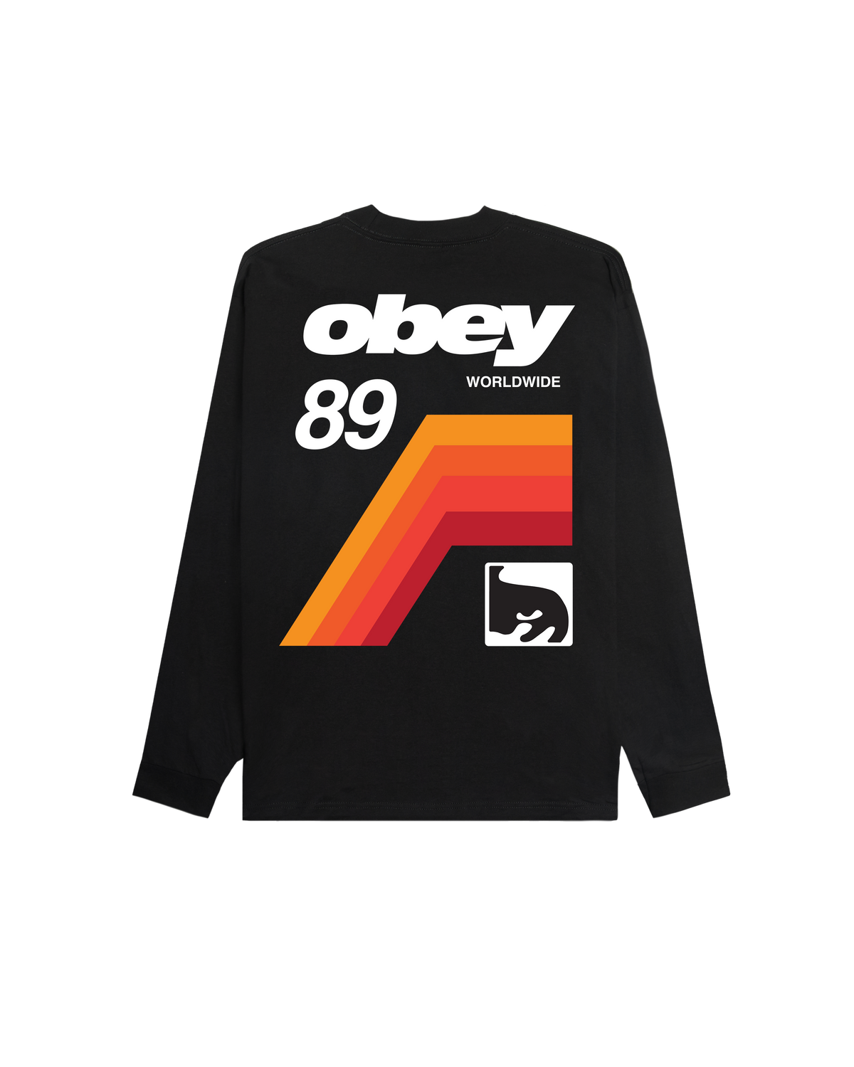 A black long-sleeve t-shirt with a retro graphic on the back. The graphic features the white 'obey' logo and 'WORLDWIDE' text, the number '89', a bold orange and red chevron, and a small white square with a black bear head logo.