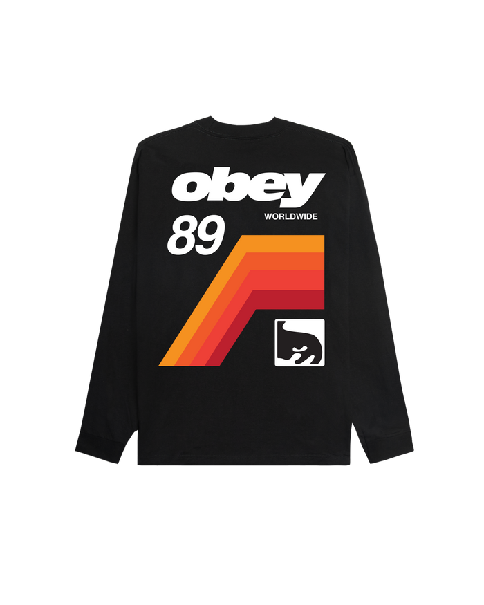 A black long-sleeve t-shirt with a retro graphic on the back. The graphic features the white 'obey' logo and 'WORLDWIDE' text, the number '89', a bold orange and red chevron, and a small white square with a black bear head logo.