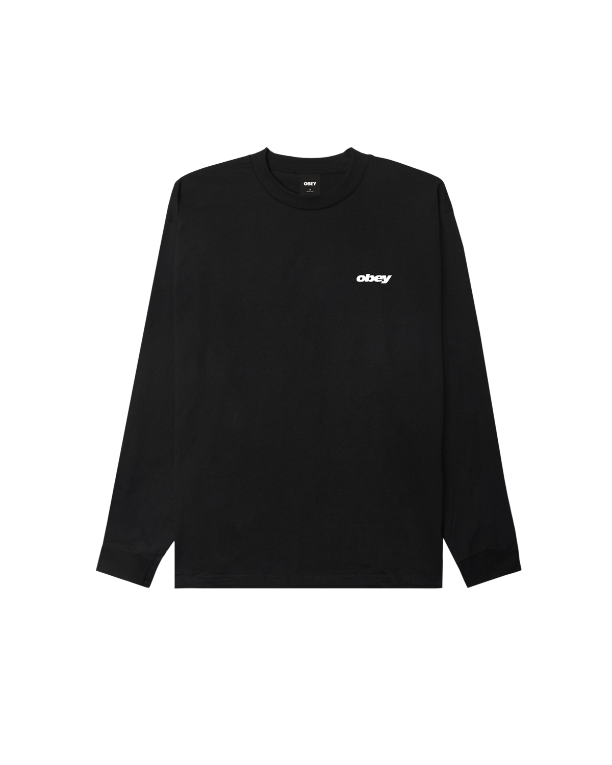 A black long-sleeve crewneck shirt with a small white 'obey' logo on the left chest, displayed flat against a solid white background.