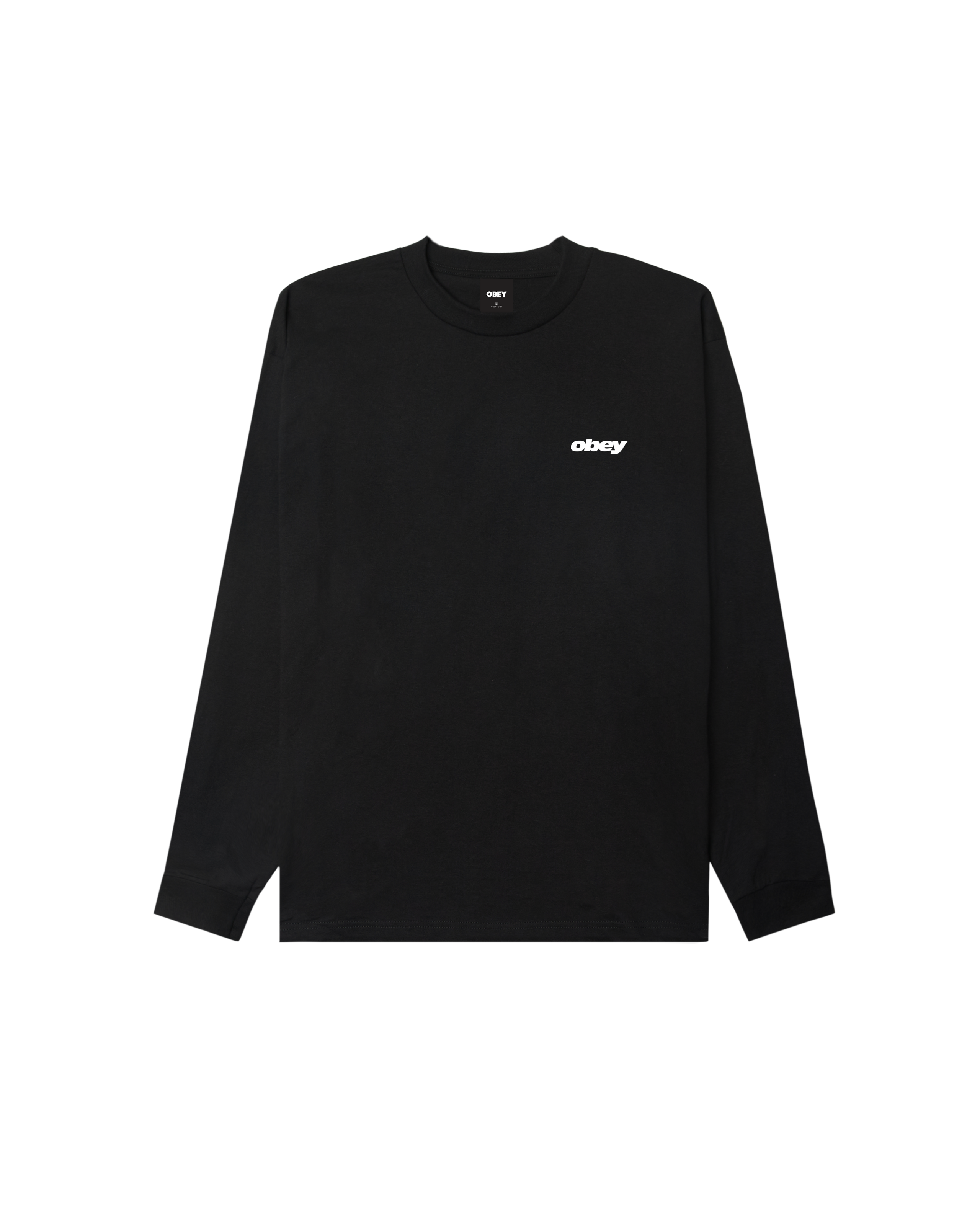 A black long-sleeve crewneck shirt with a small white 'obey' logo on the left chest, displayed flat against a solid white background. (zoomed)