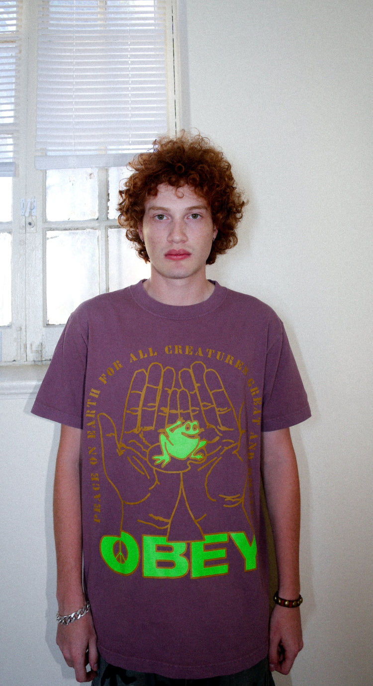 A person with curly red hair wearing a purple graphic t-shirt with a green frog and yellow handprint design, standing in front of a white wall and window blinds.