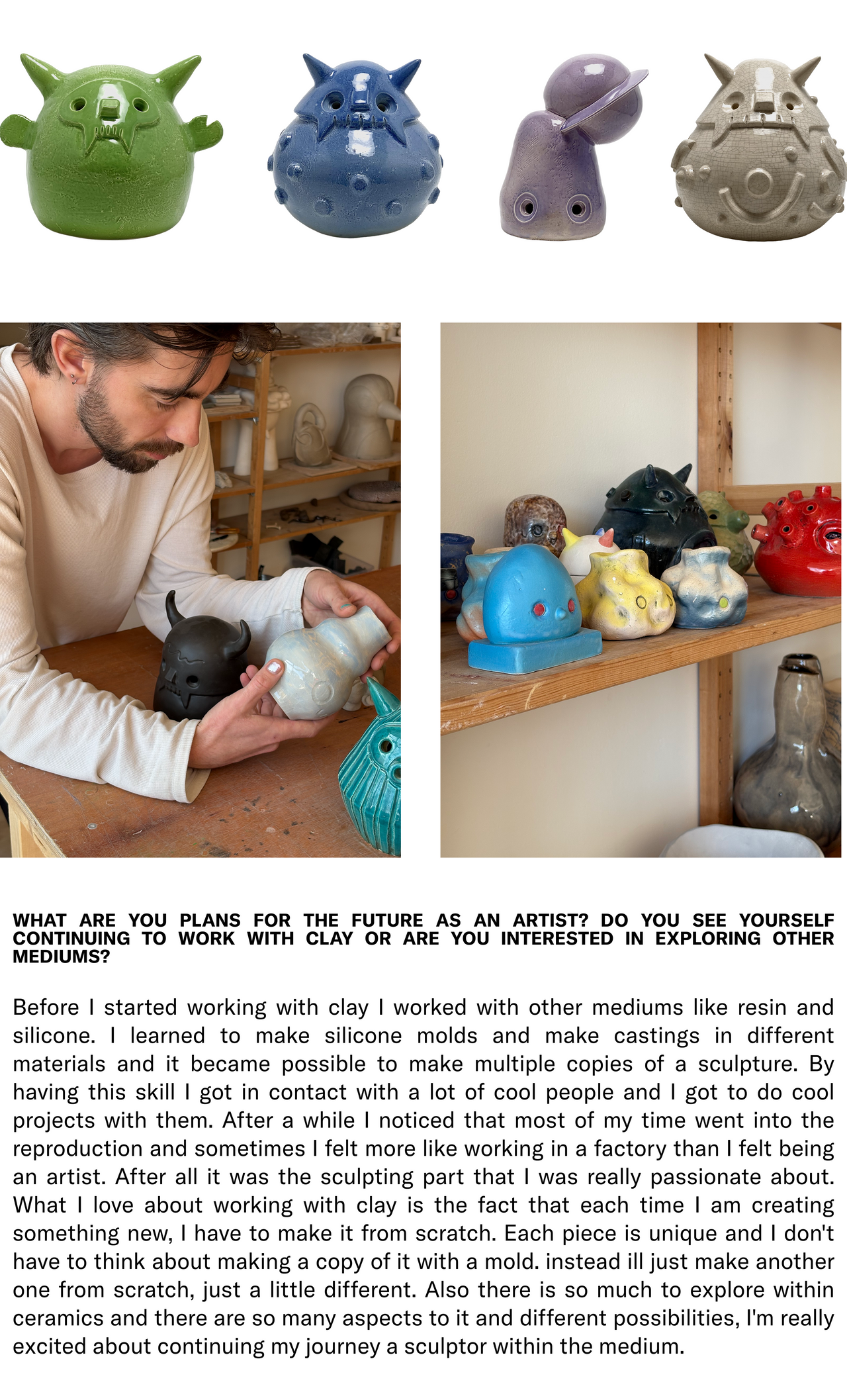 Text and 3 images of a variety of sculptures in Coodre's studio