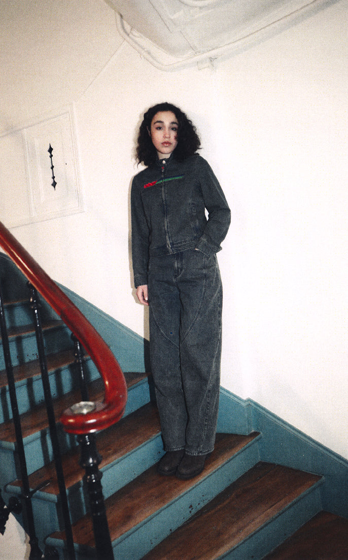 A model stands on wooden stairs wearing a dark gray zip-up jacket with a green and red chest stripe and matching dark gray wide-leg jeans.
