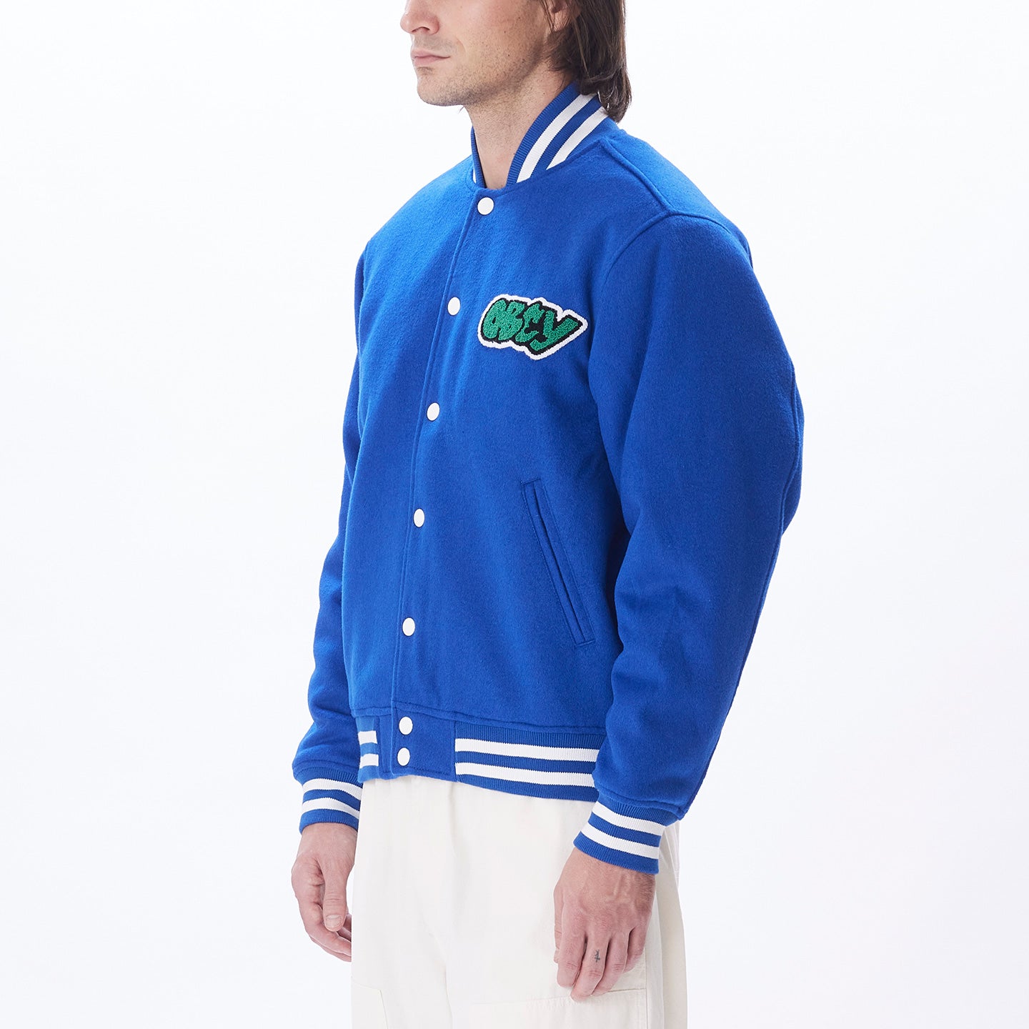 Obey Roll Call Varsity Jacket in Surf Blue