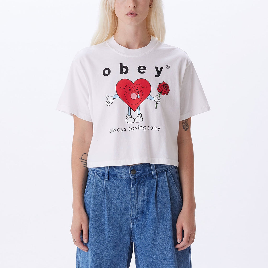 ALWAYS SAYING SORRY WEEKEND CROP T-SHIRT WHITE | OBEY Clothing